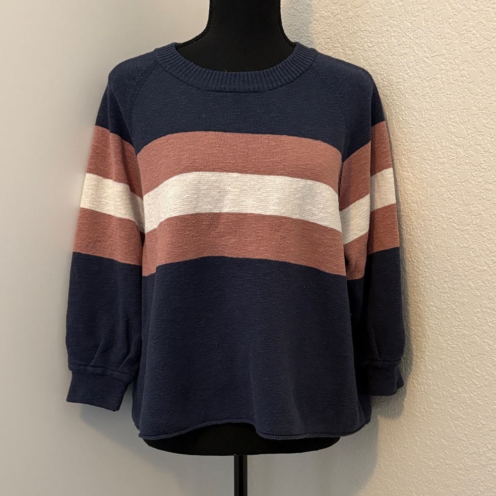 Striped 3/4 Sleeve Telluride Navy and Pink Sweater